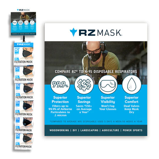image of an rz mask clip strip loaded with masks and a postcard outlining the benefits and features of the rz mask when compared to a disposable mask