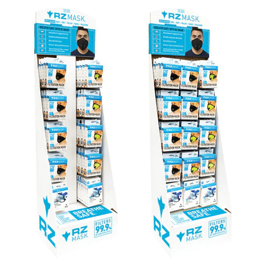 image of two floor displays - one 2 x 5 and one 3 x 5 both loaded with product and set up for use in a store