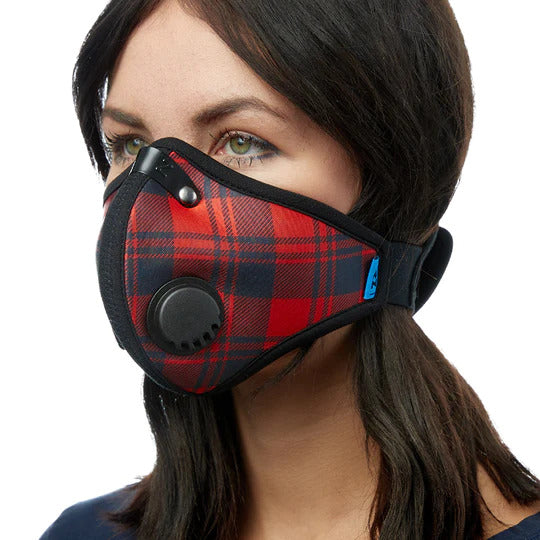 headshot of woman wearing rz mask m2 plaid after fully donning and sealing the rz mask