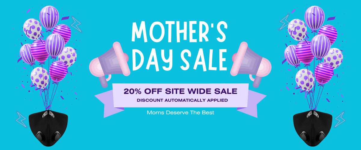 Mother's Day Sale - 20% off site wide sale - discount automatically applied - moms deserve the best - image of baloons with RZ Masks below them