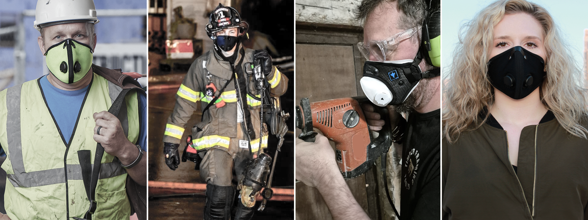RZ Mask Home Page Banner - Construction, Firefighter, Woodworking, Pollution.