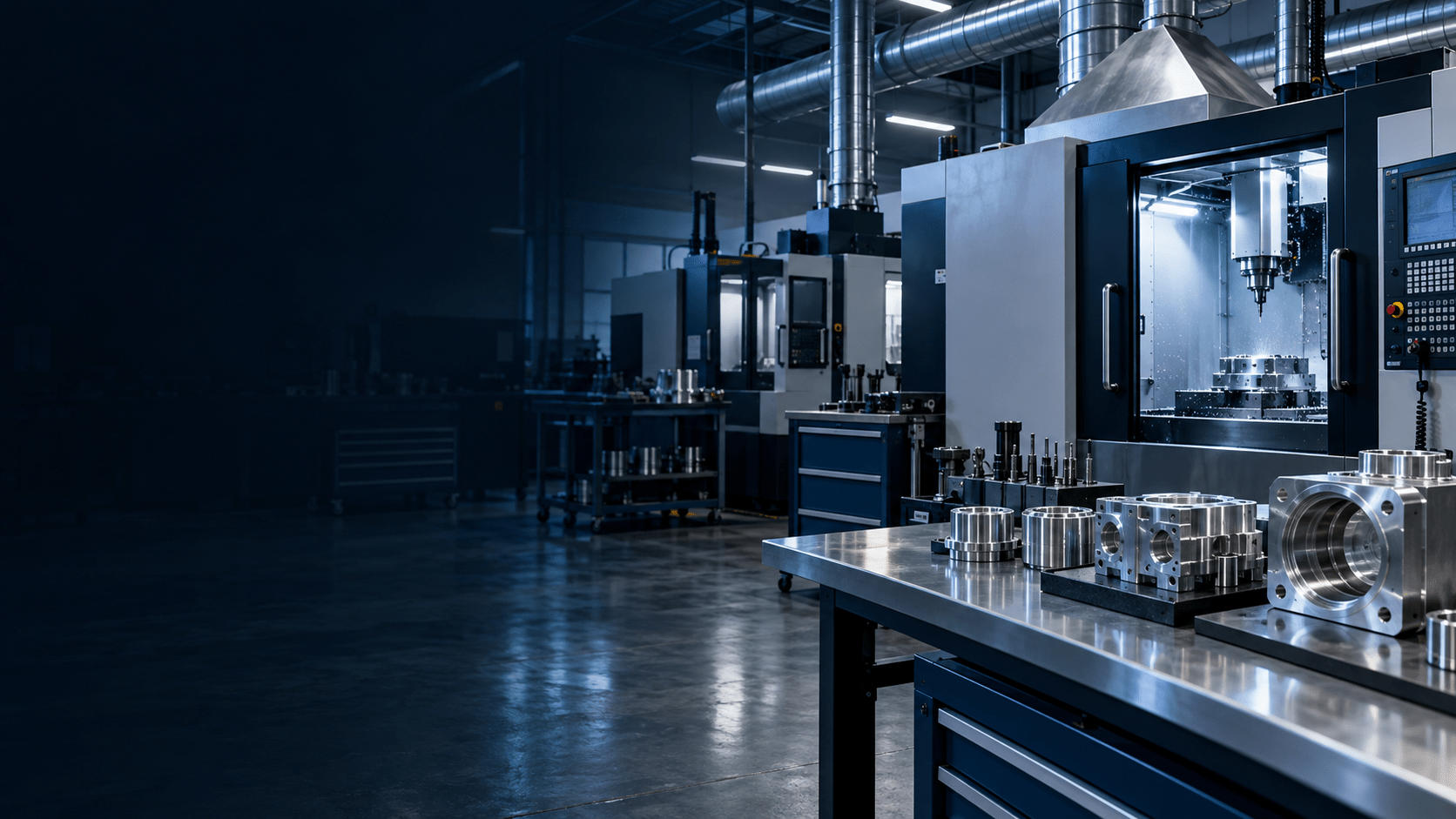 Metal manufacturing workshop with ventilation and machining equipment