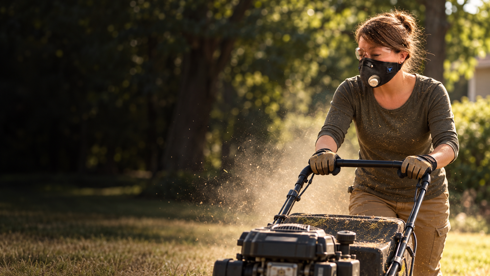 Person wearing an RZ mask while mowing