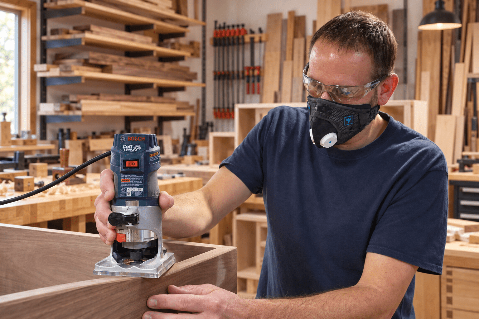 Woodworker wearing an RZ mask at a wooden workbench, with lumber racks and clamps behind him