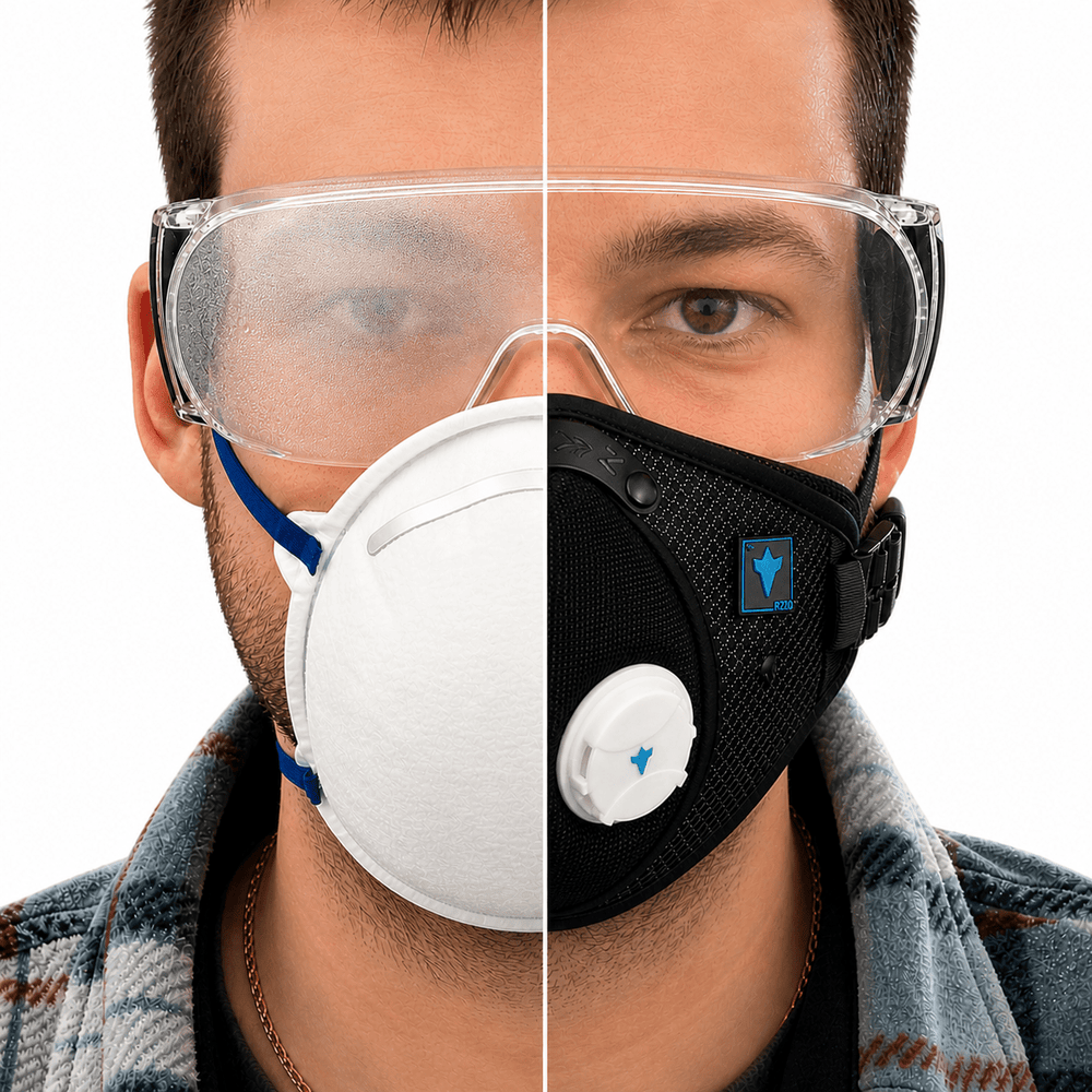 Split-face comparison showing fogged safety glasses over a paper mask and clearer glasses over an RZ mask