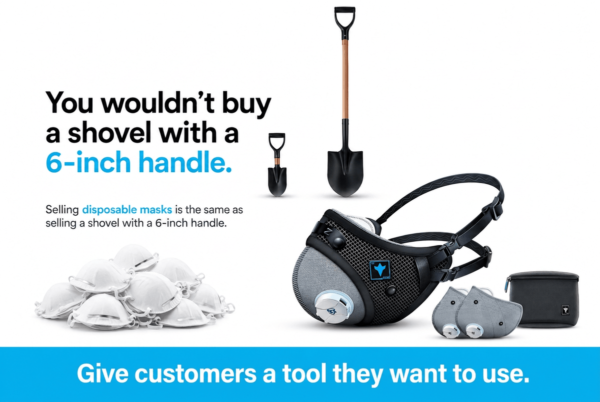 You Wouldn’t Sell a Shovel With a Six-Inch Handle. Rethink Your Dust Mask Aisle. - RZ Mask