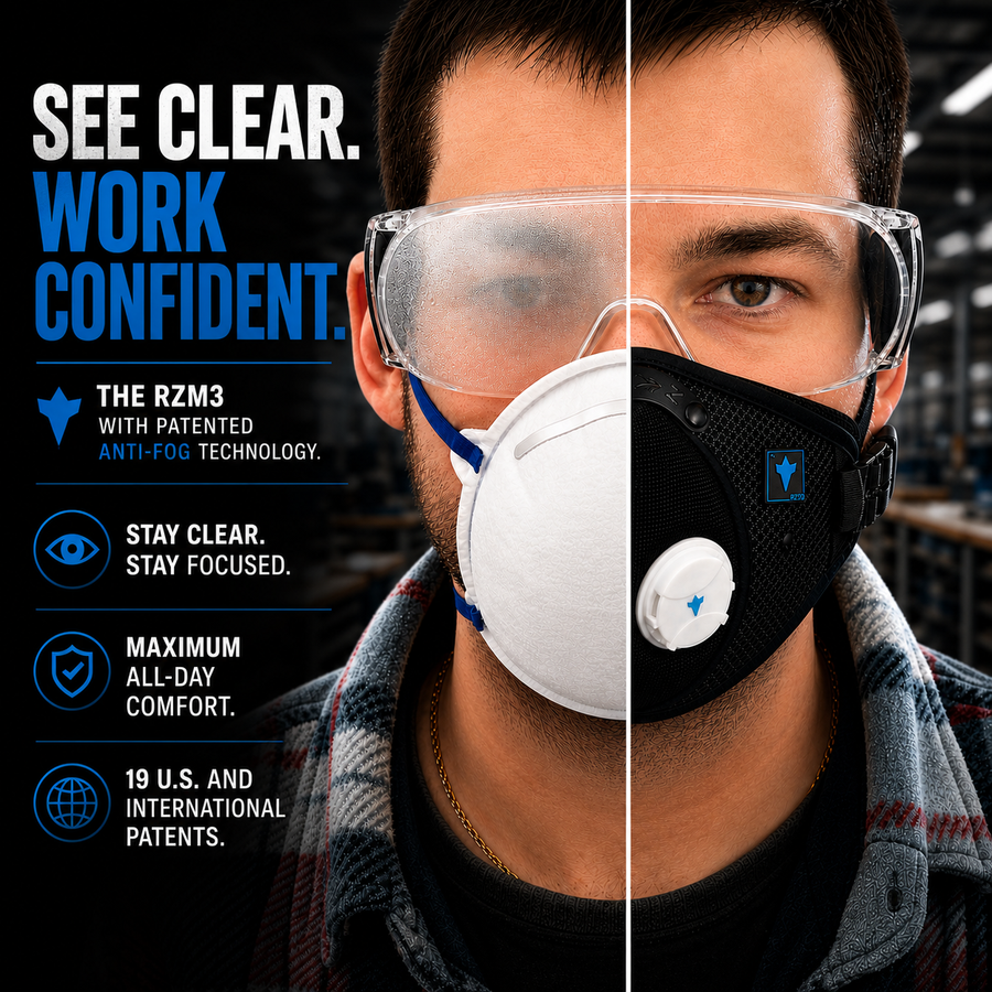 RZ eyewear illustration comparing fogged glasses and clear glasses with an RZ mask
