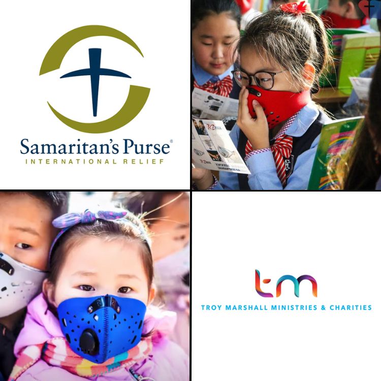 Collage of children wearing face masks with Samaritan's Purse and Troy Marshall Ministries logos.