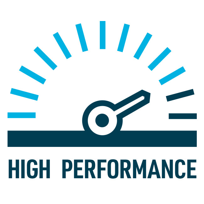 an icon of a performance gauge with the words "high performance" underneath it.