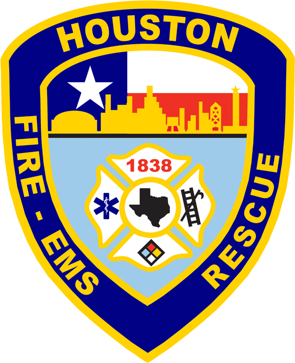 Houston Fire Department logo with blue, yellow, and red colors.