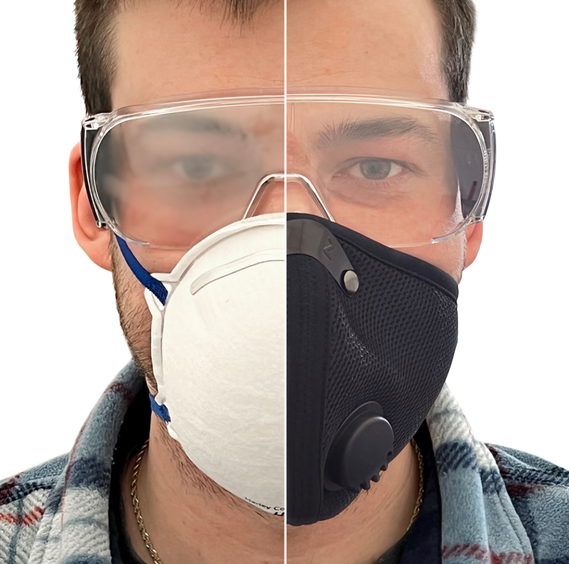 Person wearing a white N95 mask and a black respirator mask with clear goggles.