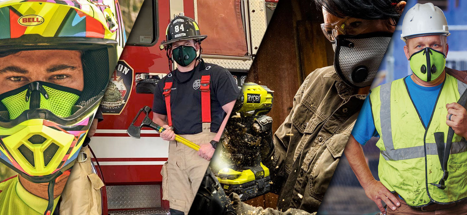 Image of 4 different people wearing the RZ Mask. An off-roader, Fire Fighter, Woodworker, and construction worker.