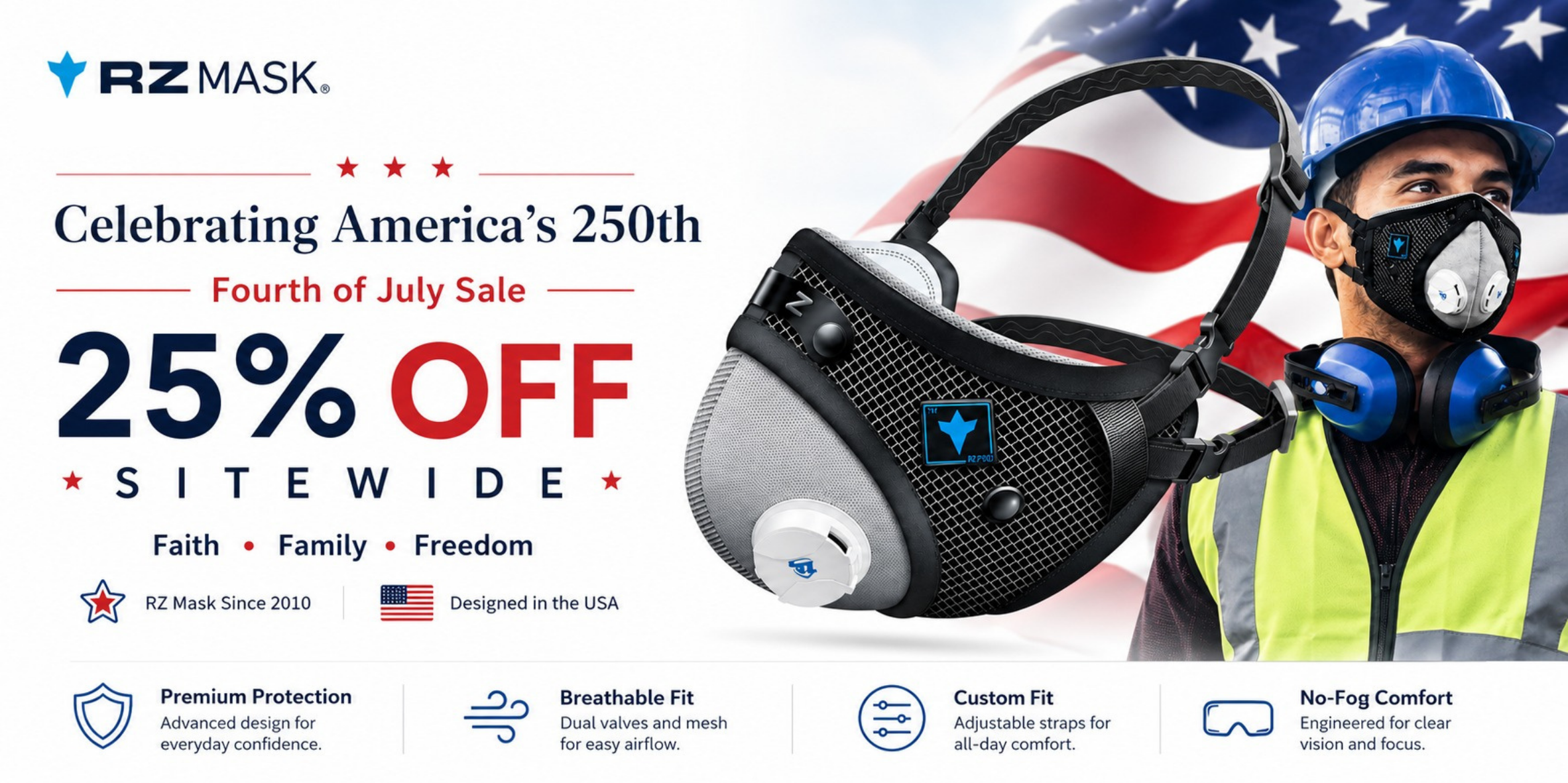 RZ Mask 4th of July sale with a person wearing an RZM3 Mask and helmet, celebrating America's 250th Fourth of July Sale.