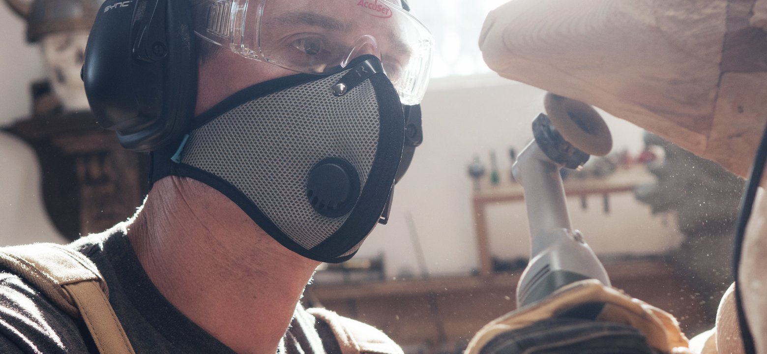 RZ Mask - The World's Most Comfortable Air Filtration Mask. Corey Hamilton - M2 Titanium - Sanding wood.