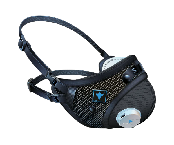Black RZ respirator mask with three strap design, mesh panels, and high flow filter on the front.