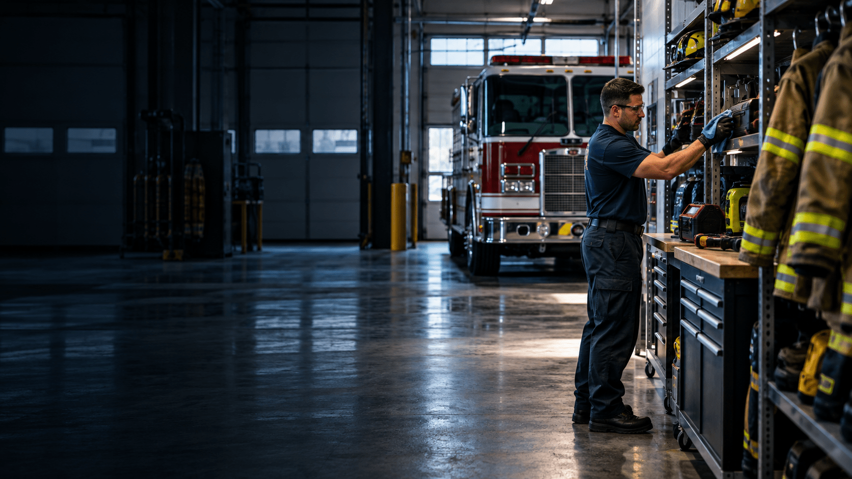 Routine equipment maintenance inside a fire station