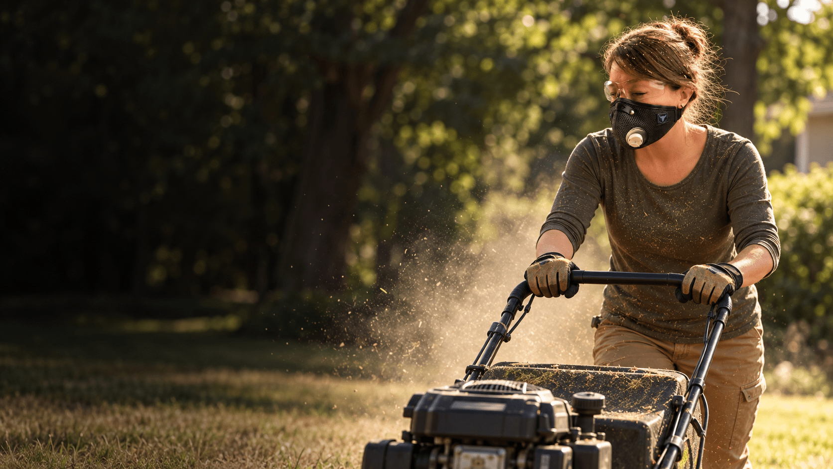 Person wearing an RZ mask while mowing