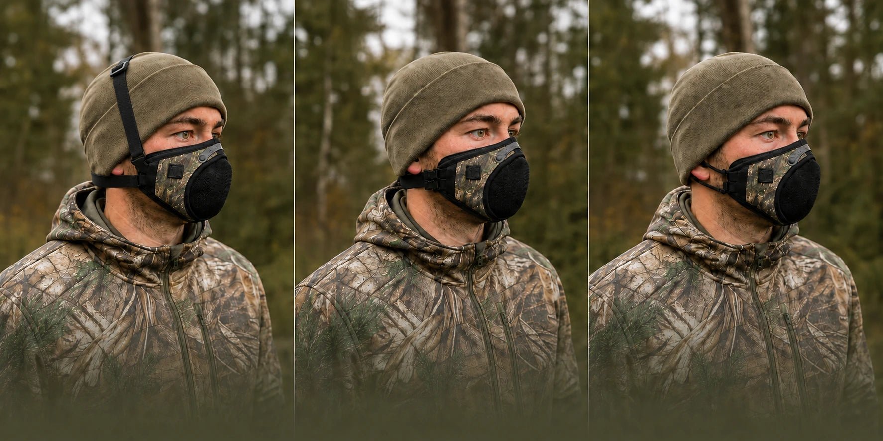 Three hunters demonstrating the RZM3 Hunting Mask with head strap, neck strap, and ear-loop configurations