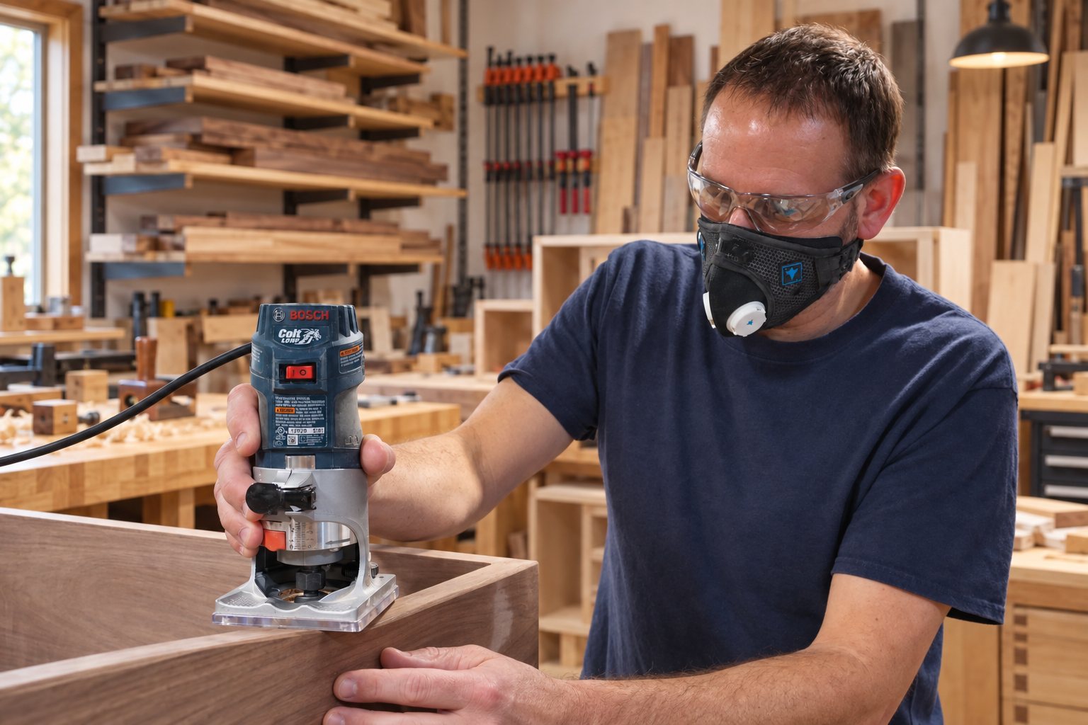 Woodworker wearing an RZ mask at a wooden workbench, with lumber racks and clamps behind him